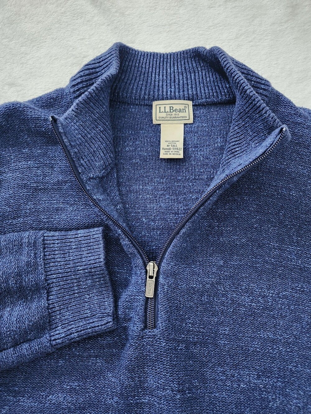 L.L. BEAN Quarter Zip Pullover Knit Sweater Heathered Blue Cotton Medium Tall